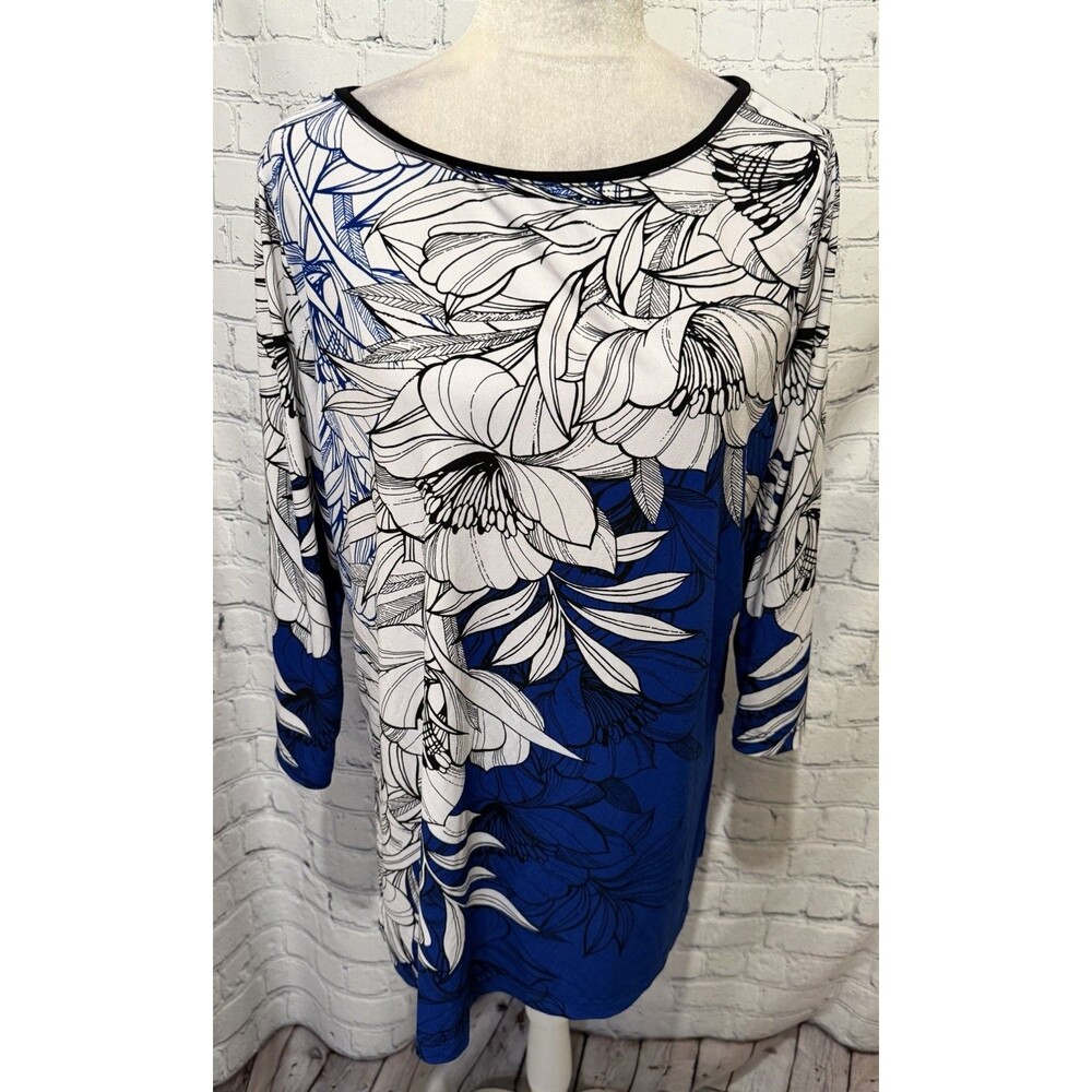 Susan Graver QVC Liquid Knit Blue And White Floral Top Tunic Size Large